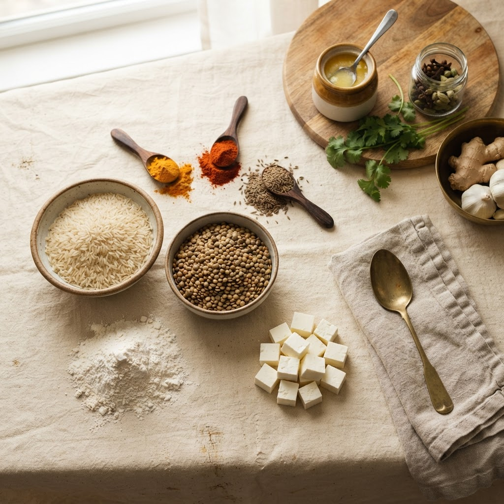An assortment of premium grains, spices, flour and fresh paneer arranged on a linen surface